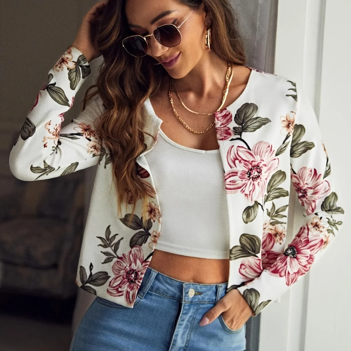 Women's Spring and Summer New Fashion Printed Thin Small Suit Jacket, High-grade Commuter Long-sleeved Printed Cardigan Coat