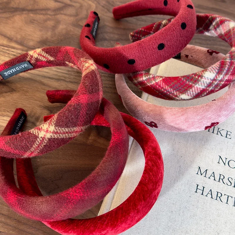 Retro Red Sweet Wool Headbands for Woman Girl Temperament Hair Hoop Sponge Wide Hair Band Female Christmas Hair Accessories Gift