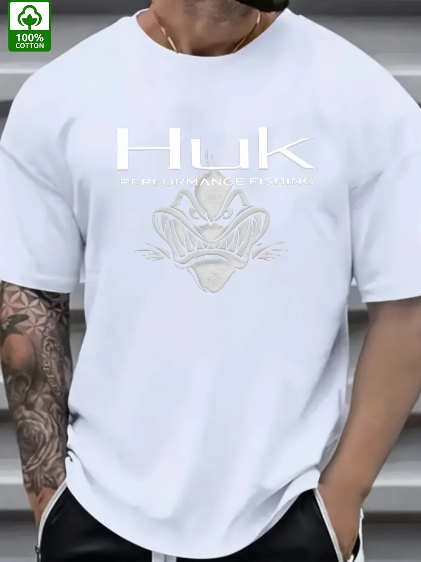 

Men's HUK Performance Fishing Graphic T-Shirt, Black with Angry Fish Design, Casual Summer Outdoor Wear, Machine Washable