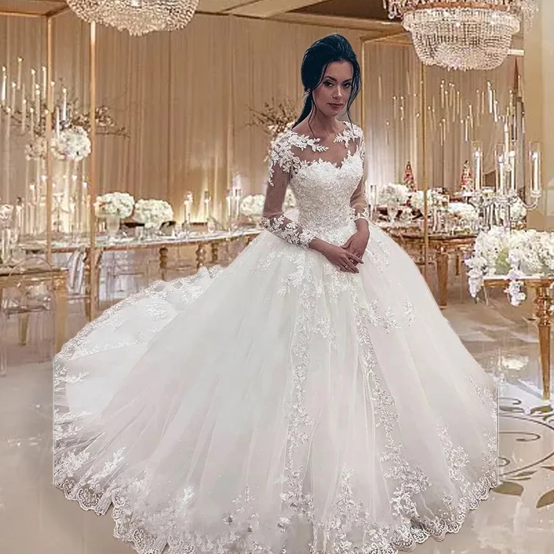 

Graceful Ball Gown Wedding Dresses Elegant Full Sleeves Bridal Gown Sheer O-Neck Lace Appliques With Train Vestidos De Novia