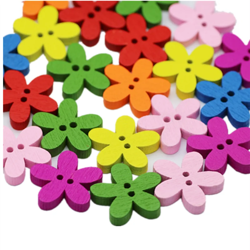 wholesale 100pcs 14x15mm Multicolor Cute Flower Natural Decoration Sewing Scrapbooking Wood Buttons