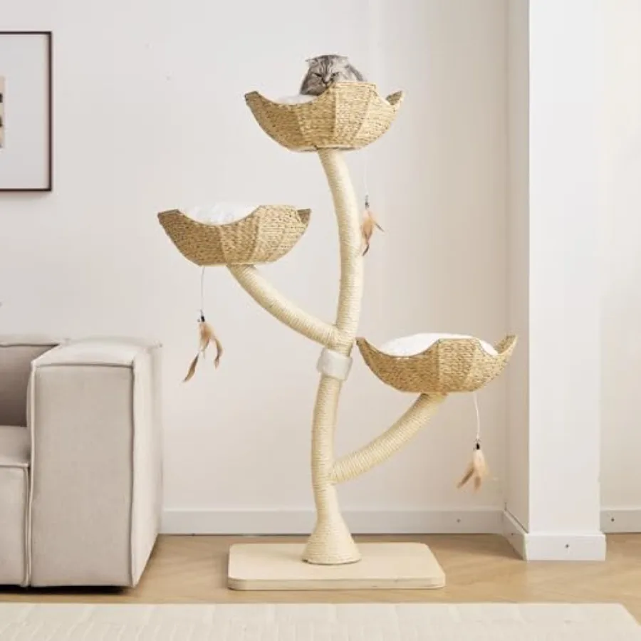 

Высокая современная лежанка-башня для кошек (52 дюйма) для крупных кошек, с плетеными вручную корзинами и ковриками, роскошный кошачий домик для нескольких кошек, натуральный цвет, Cat F