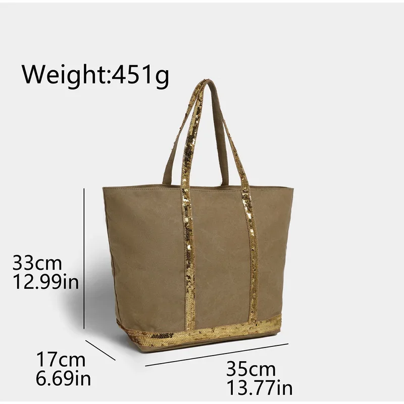 Pailletten-Canvas-Einkaufstasche mit Reißverschluss, große Kapazität, Vintage-Kontrastfarbe, Damen-Umhängetasche, Designer-Pendler-Alltagshandtasche, Schwarz – Detail 1