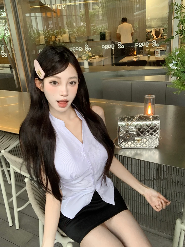

Korean Fashion Summer Women Two Piece Skirt Sets Striped Halter Neck Slim Sleeveless Vest Shirt + High Waist A Line Mini Skirt