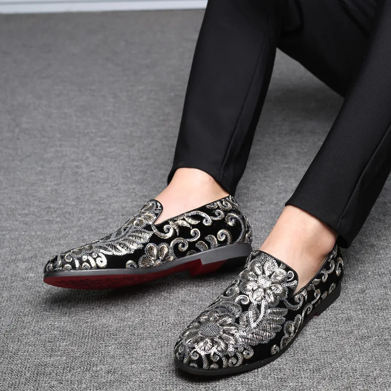Spring New Fashion Suede Loafers Men's Height Increase Breathable Wear-resistant Flat Heels Wedding Party Business Sequins Shoes