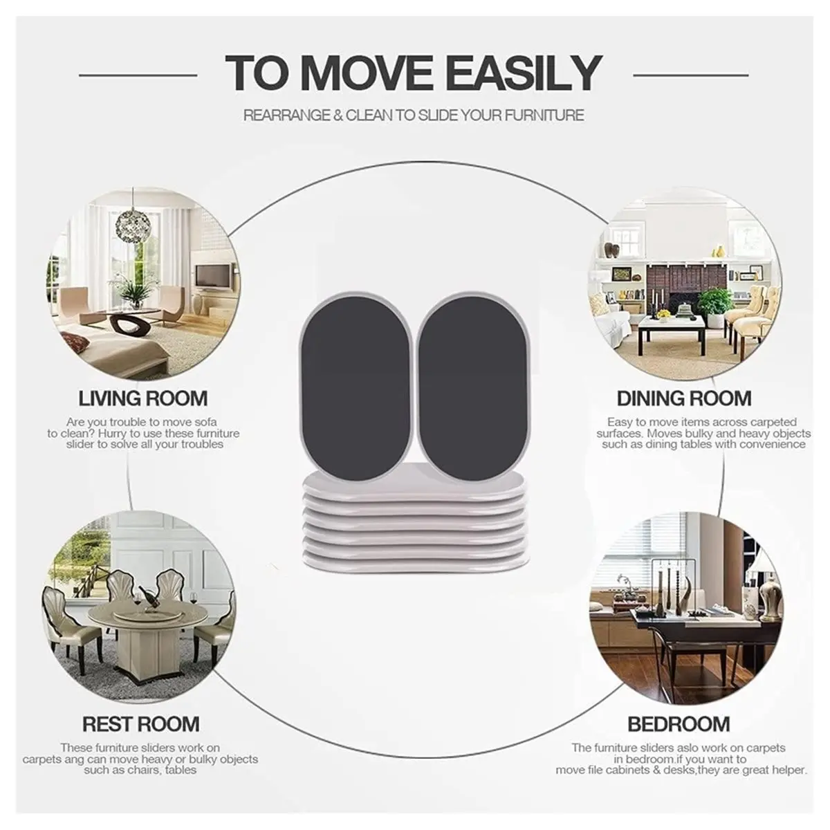 Reusable Large Furniture Movers Sliders for Carpet and Hardwood Floors-8 Pack 9-1/2