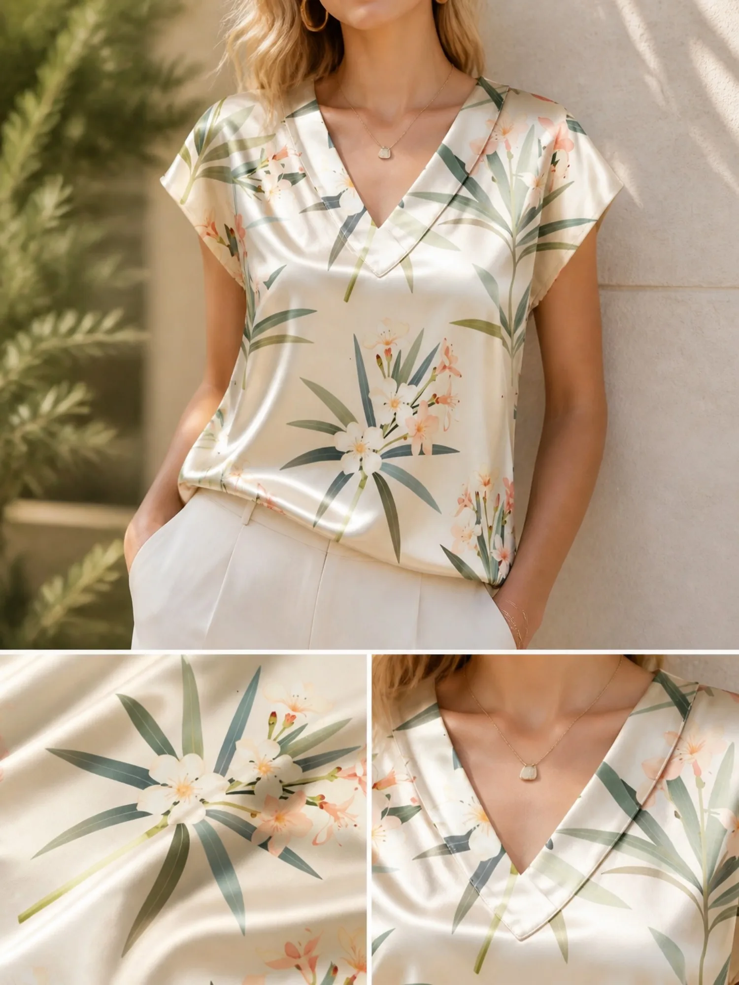 Floral Satin V Neck Top for Women Cap Sleeve Soft Draped Fit Silky Summer Cruise Daily Wear Lightweight Breathable Vacation Soft