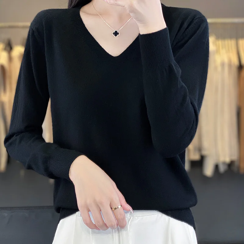 2024 Classic Style Cashmere Pullover Fashion Merino Wool Sweater V-Neck Long Sleeve Knitwear Soft Warm Basic\' Clothing Tops