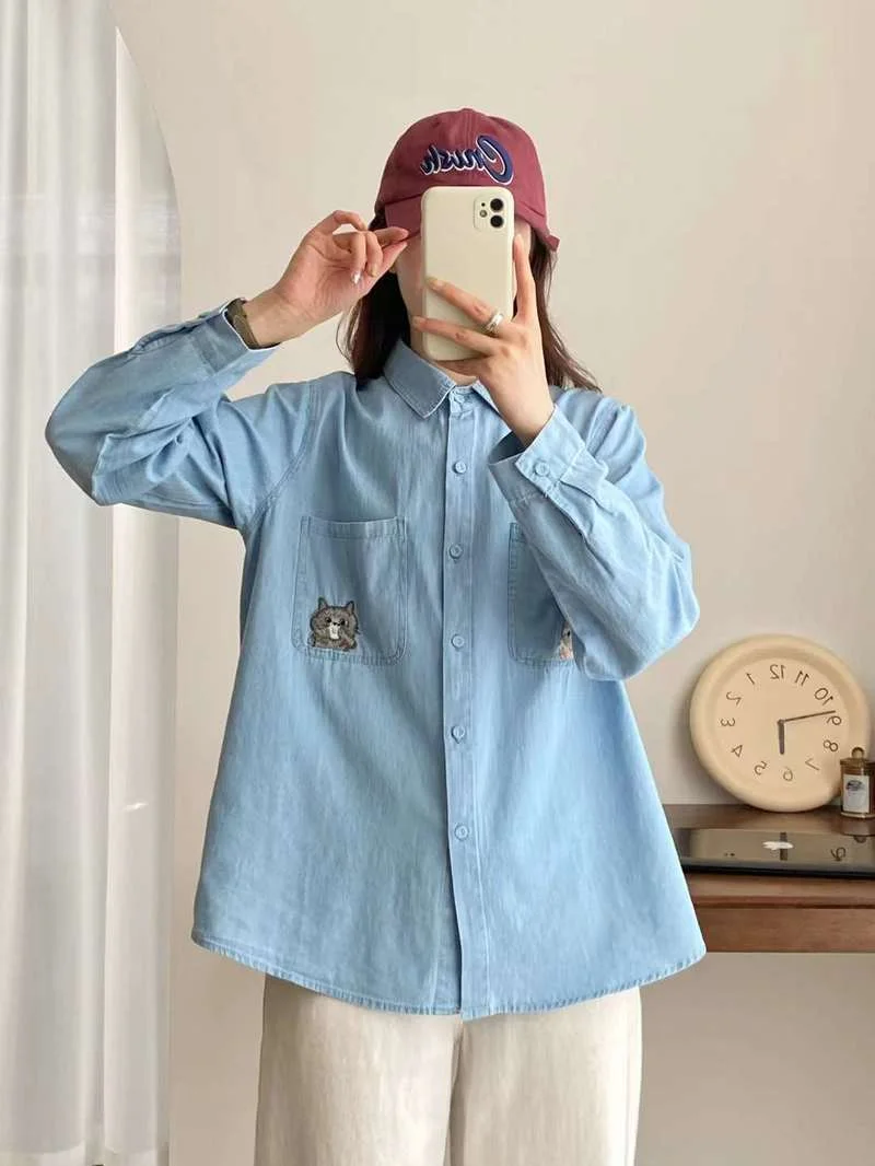 

Harajuku Fashion Cats Embroider Denim Shirts & Blouses Long Sleeve Jean Shirt Mori Girl Style Japanese Style Basic Shirts Women