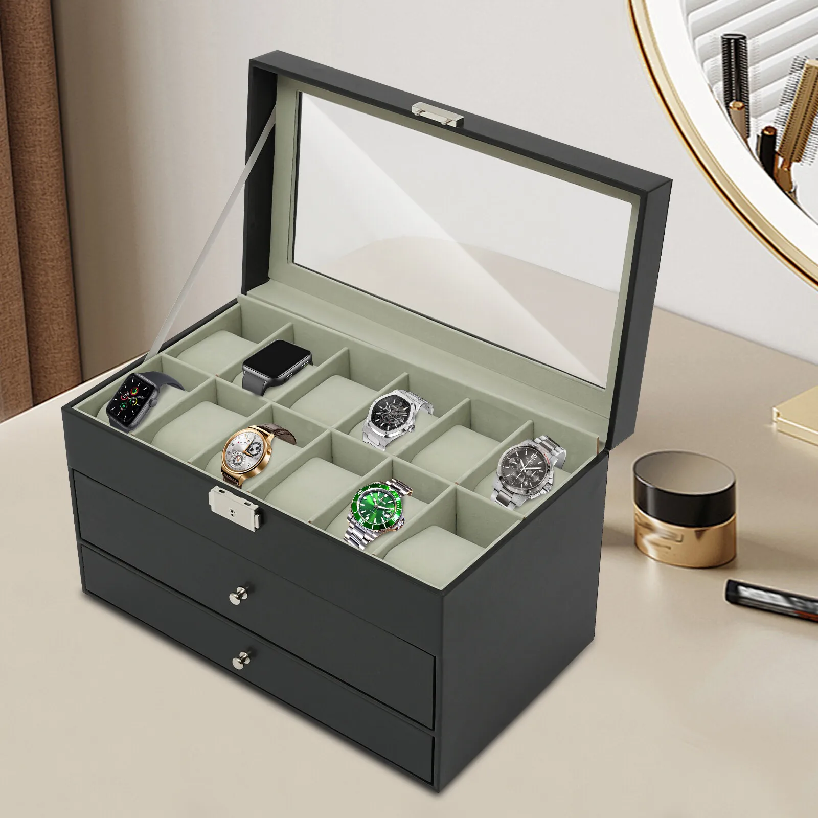 

3-Tiers Density Board Watch Organizer Case Jewelry Box For Holding Jewelry Item Watches