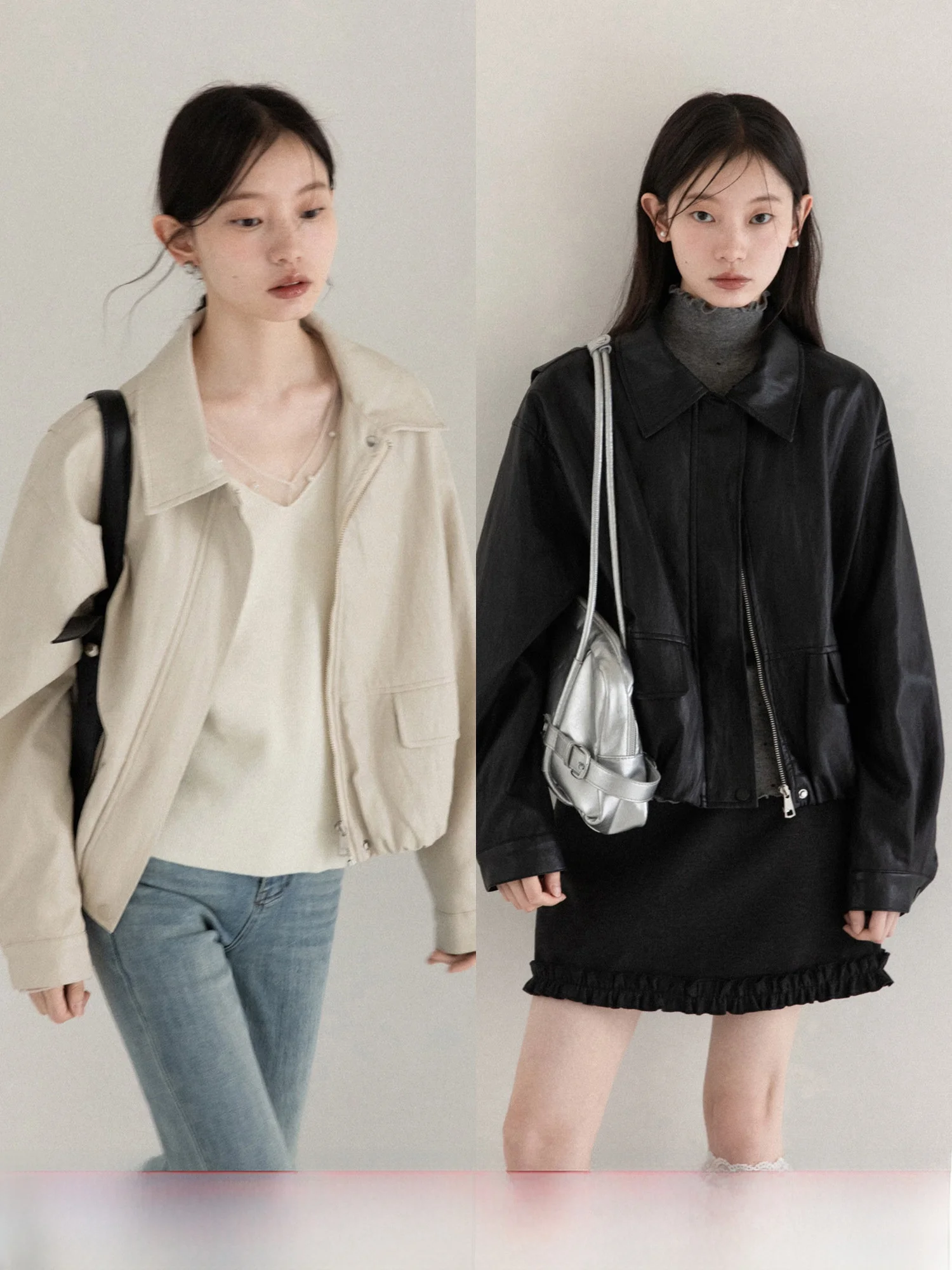 

American Style Loose Fit Black Leather Jacket Women's Spring Casual Wear Multi-Pocket Design Full Zipper Closure