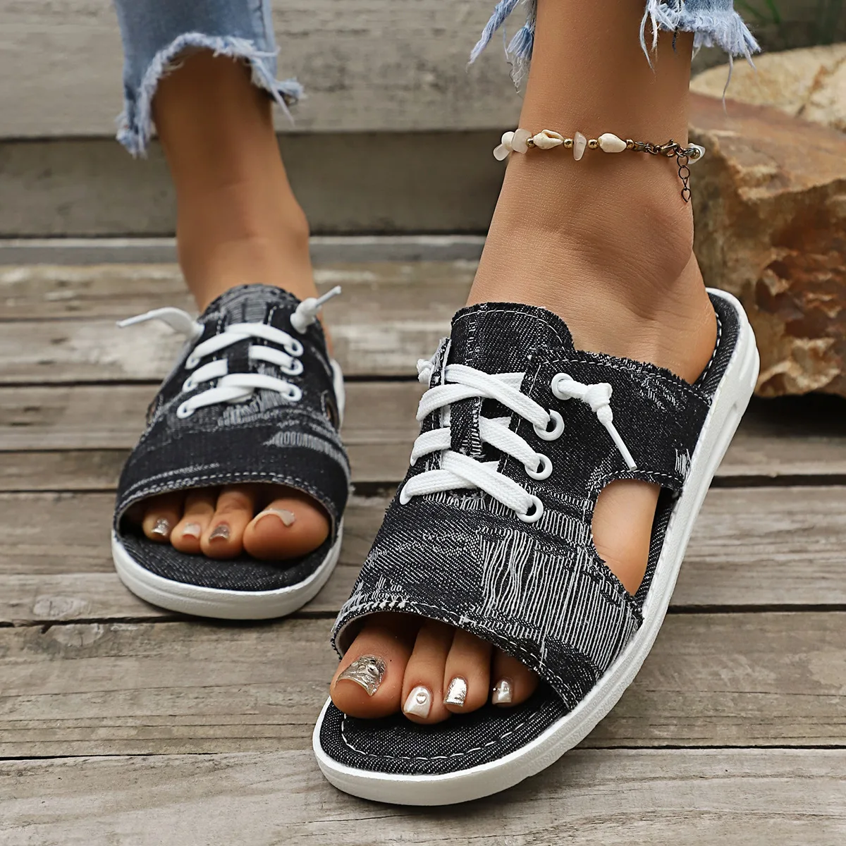 Women Denim Slide Sandals Lace Up Open Toe Frayed Edge Flat Slides Casual Summer Beach Ladies Slip On Sandals