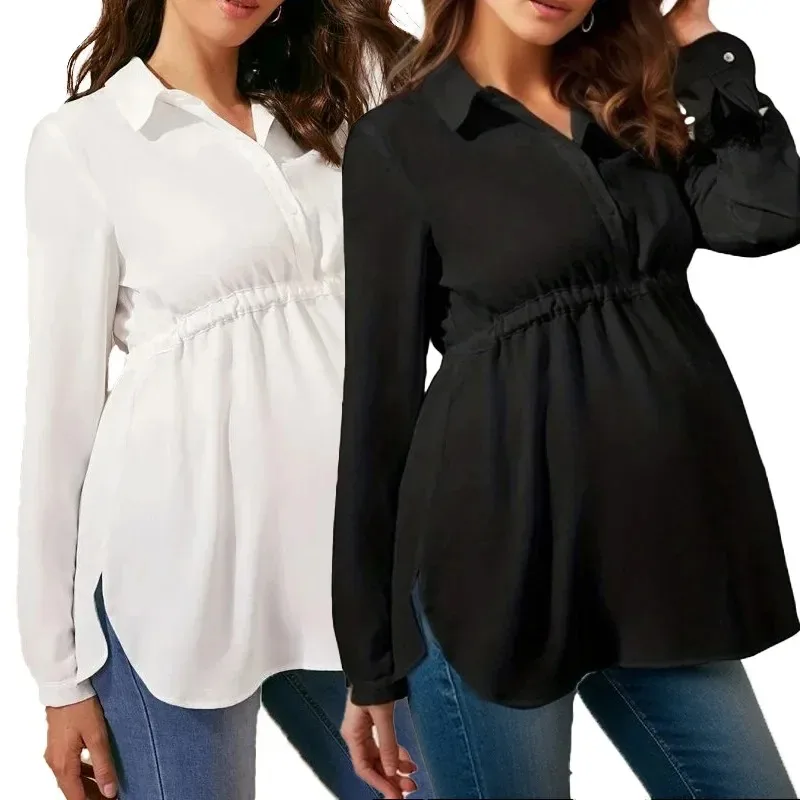 

Pregnant Women's Spring Autumn Long Sleeved Waist Cinched V-neck Chiffon Shirt Comfortable Breathable Anti Glare Nursing Top
