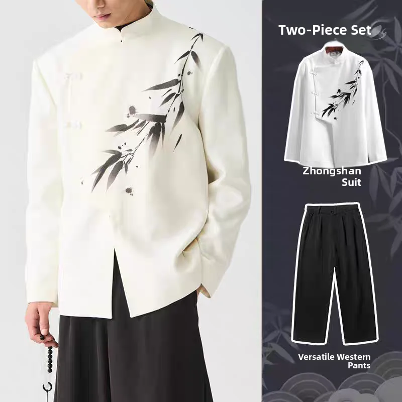 New Chinese Style Men's Wedding Engagement Suit Water-Media Bamboo Slant Buttoned Zhongshan Coat Adult Ceremony Formal Wester...