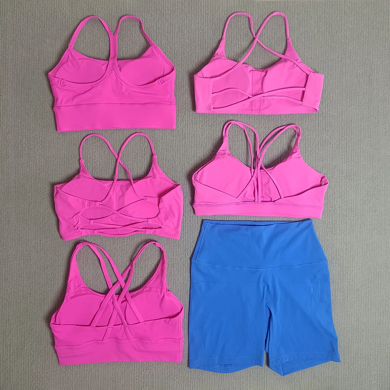 

2 Piece Yoga Set Sports And Fitness Set Classic Shorts Blue With Pink Bra 5 Models Bra Choose Women Gym Suit Training Jogging