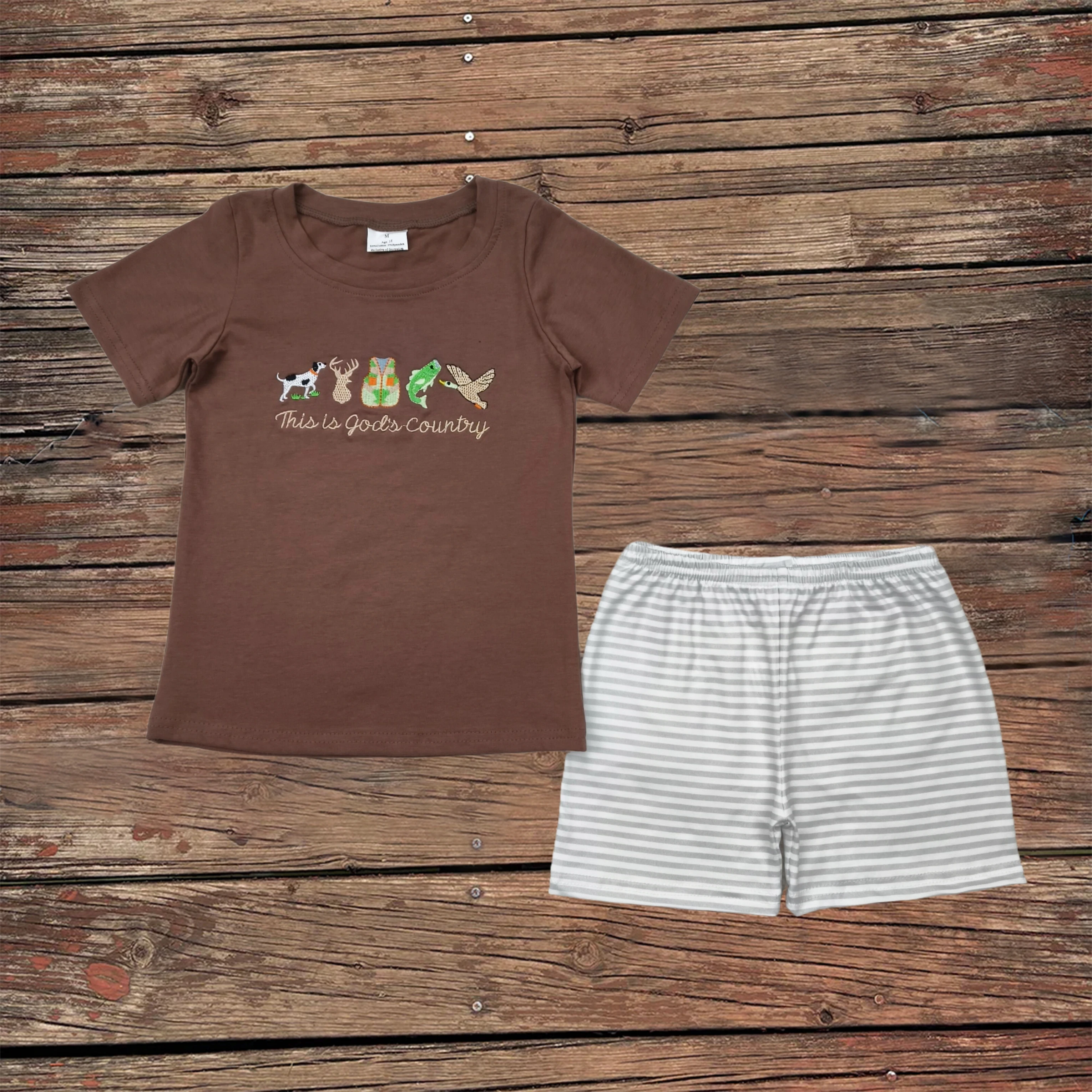 

Wholesale Embroidery Baby Boys Brown Gods Country Shirts Kids Stripe Shorts Clothes Children Infant Toddler Short Sleeves Outfit