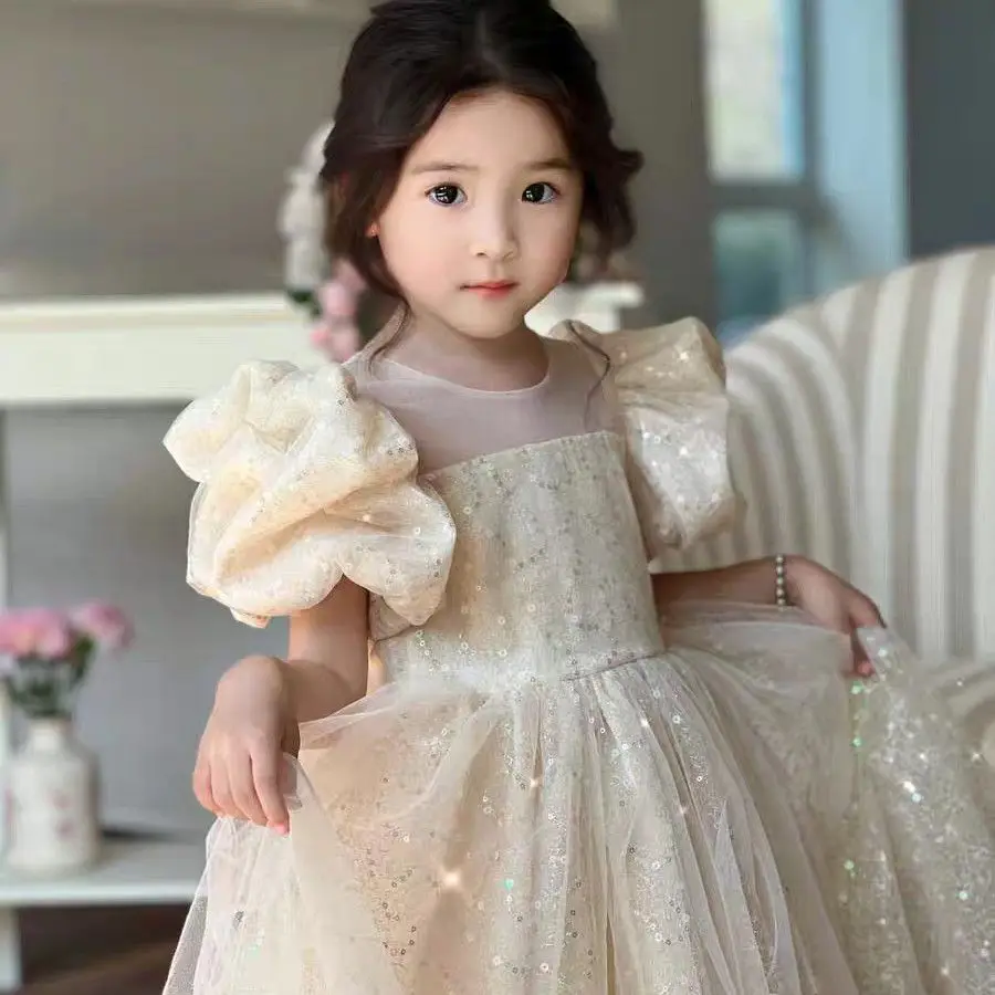 

Fashion Bow Puffy Sleeve Tutu High End Formal Party Gown Ball Children Cute Evening Dress New Style Girls Princess Long Dress
