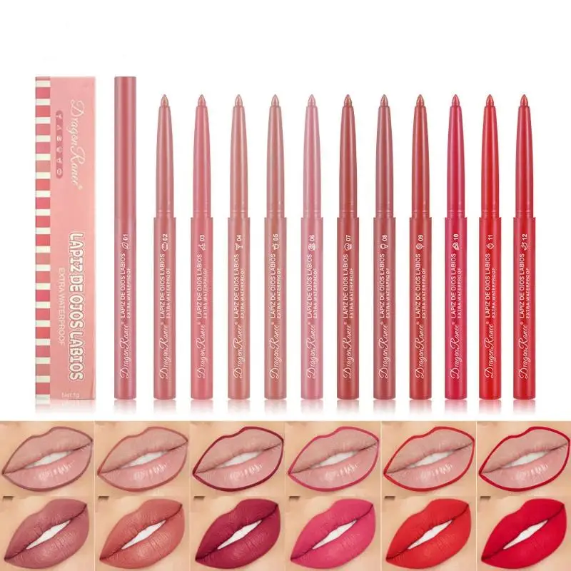 Matte Lipstick Pen Makeup Lip Gloss Lipliner Pen 12 Colors Draw Lip Line Waterproof Long-Lasting Automatic Lip Liner Beginner