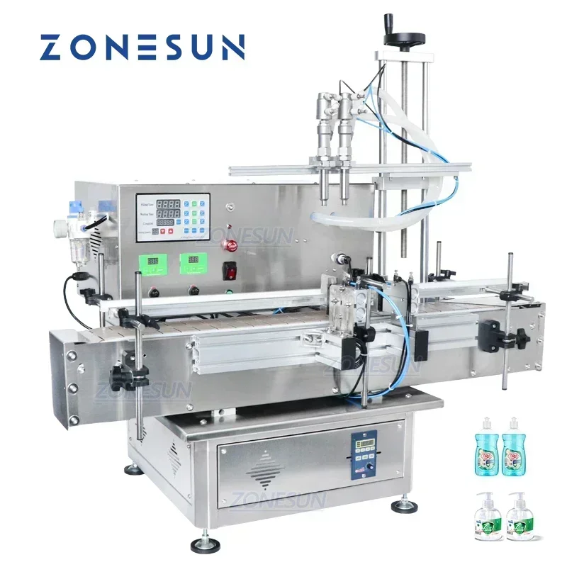 ZONESUN ZS-DTDP20-2 Auto 2 Heads Diaphragm Pump Liquid Filling Machine with Conveyor Belt for Juice Shampoo Gel Bottle Packaging