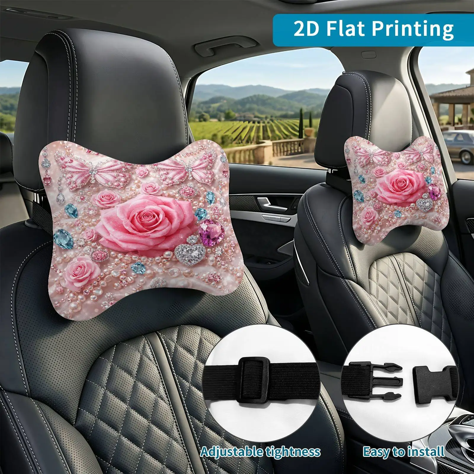 2pcs Pink Rose Butterfly Crystal Car Seat Headrest, Neck Support Cushion, Suitable For All Seasons Of Car Additions, Romantic Cr