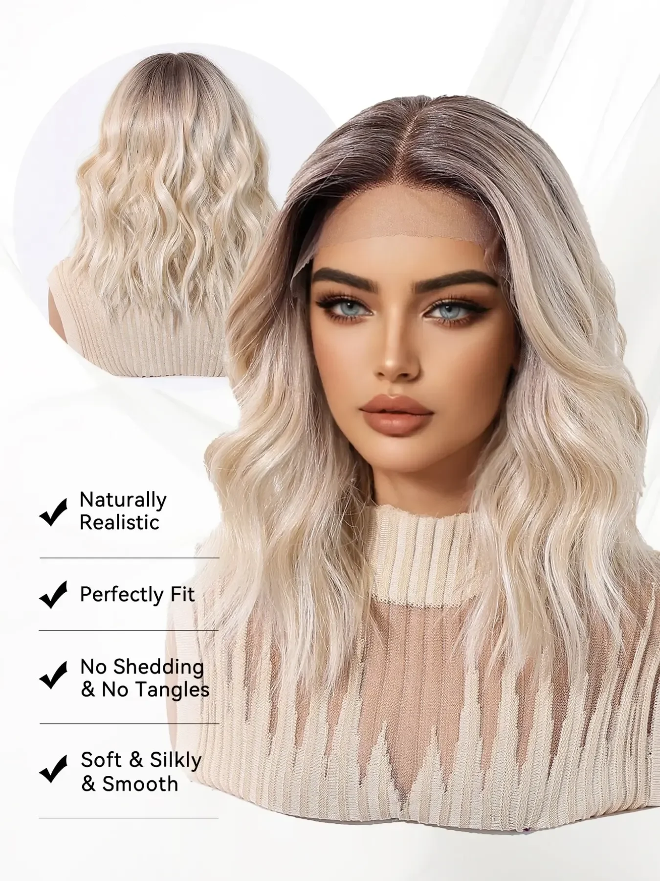 Topshe 13x6 HD Lace Front Short Wig Deep Root Gradient Platinum Blonde Curly Heat Resistant Synthetic Wigs for Women