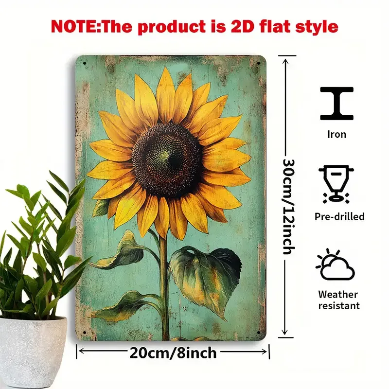 2D Flat, 1pc Large Turquoise Blue & Golden Sunflower Metal Wall Art Sign - Turquoise Stone-Like Texture, Rustic Farmhouse Decor