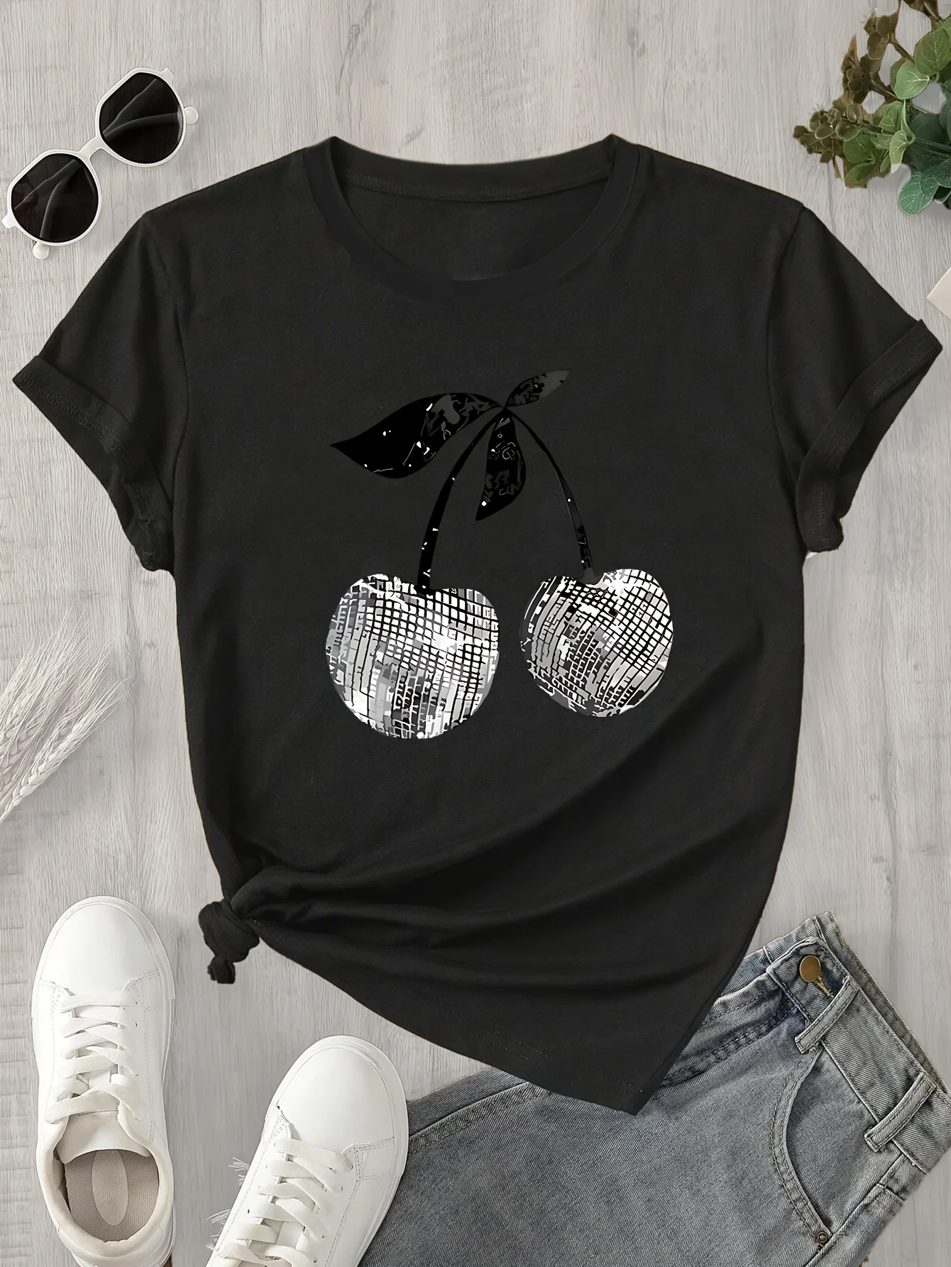 Women's T-shirt Cherry Print Short Sleeve Aesthetic Clothes