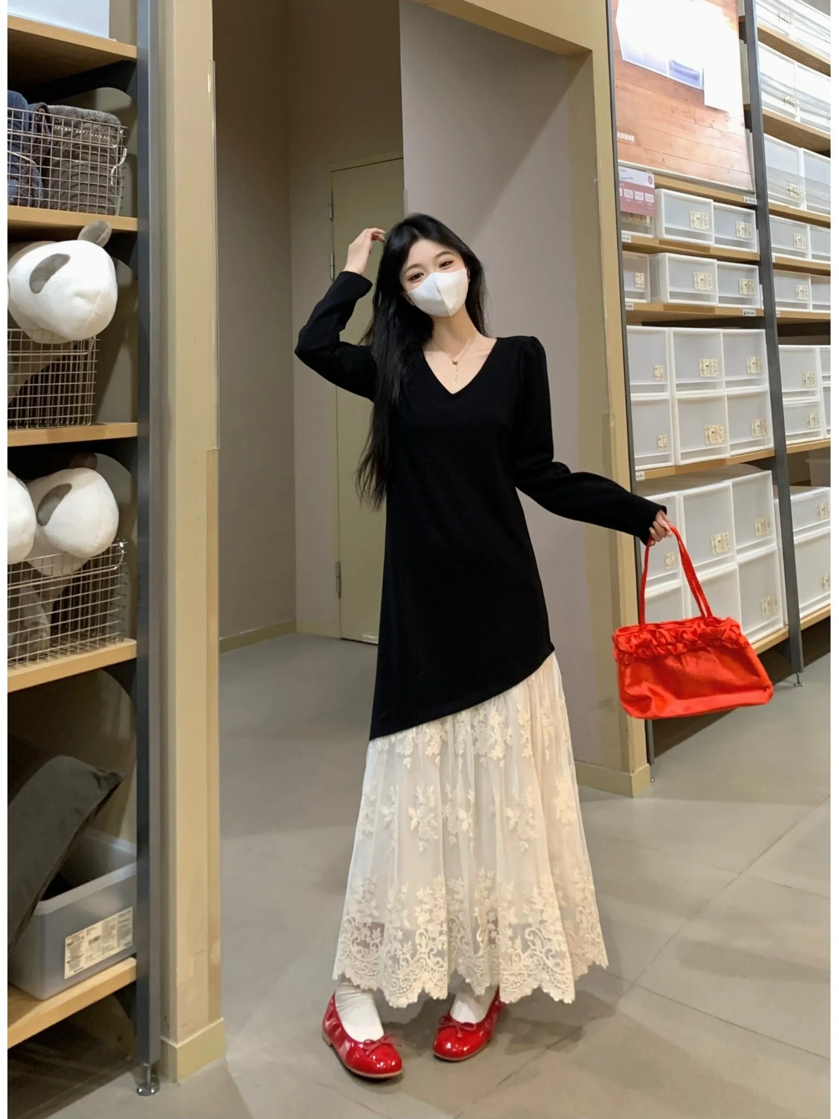 

plus Size Lace Splice Long Sleeve Dress V-Neck Waist Cinching Slimming Design Autumn New Style Korean Version A-Line Skirt