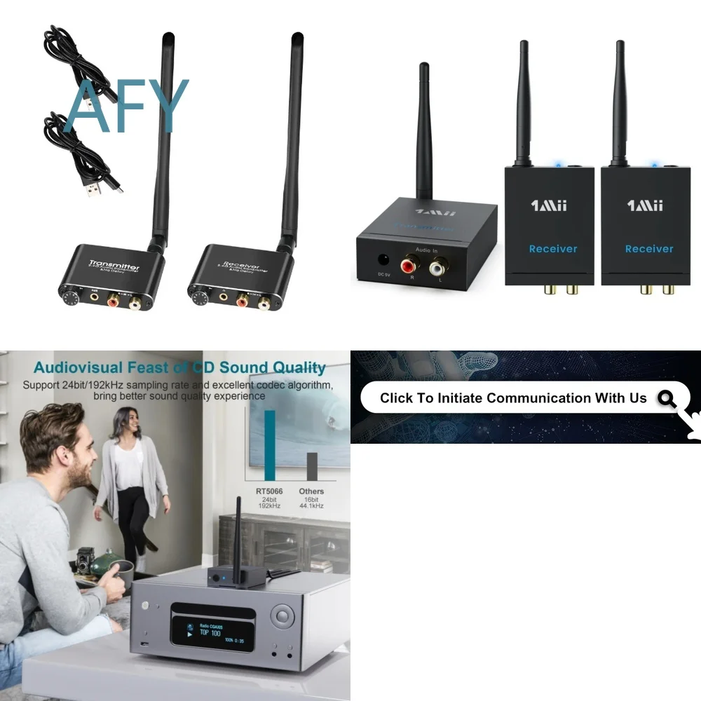 1Mii 2.4G Wireless Audio Transmitter and Receiver Set for TV Speaker Amp 100m Range No Latency 192kHz 24bit HiFi Audio 1 TX 2