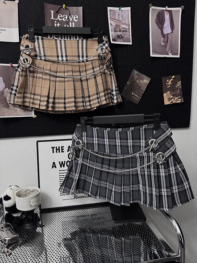 

Женская плиссированная юбка Big Biu American Sle College Wind в клетку, А-силуэт, с цепочкой, низкая талия, для прогулок