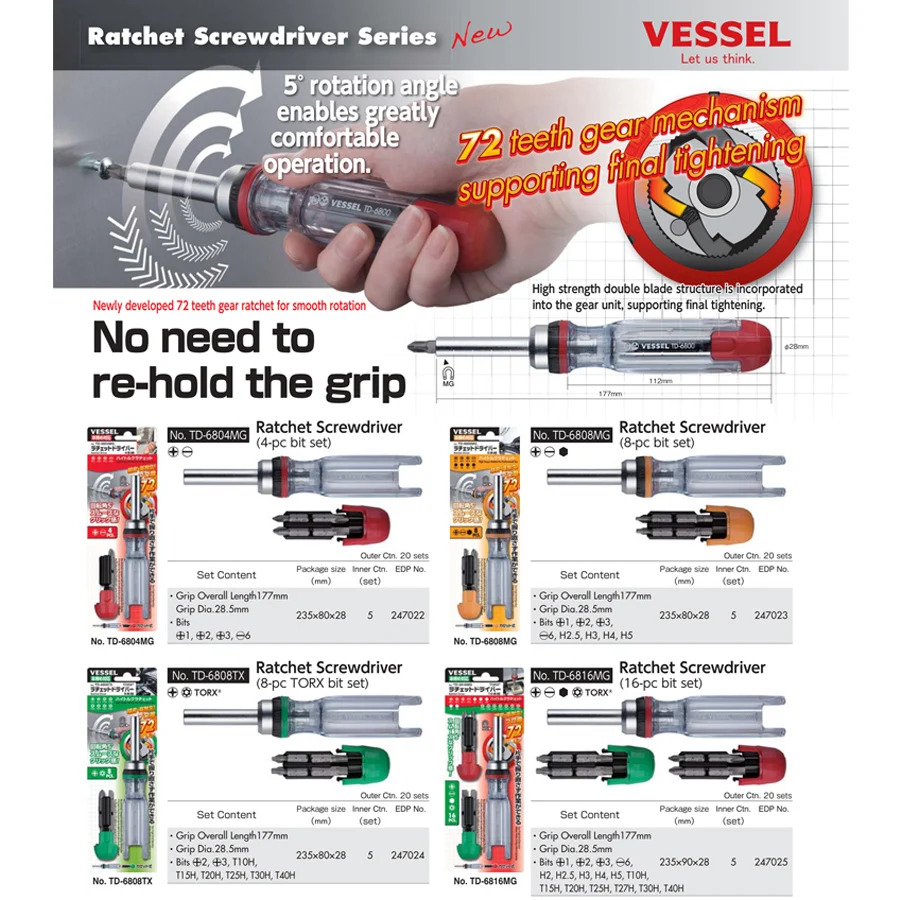 VESSEL Ratchet Screwdriver Set with 8 Bits/16 Bits Storage Inside the Handle NO.TD-6816MG|TD-6804MG|TD-6808TX|TD-6808MG