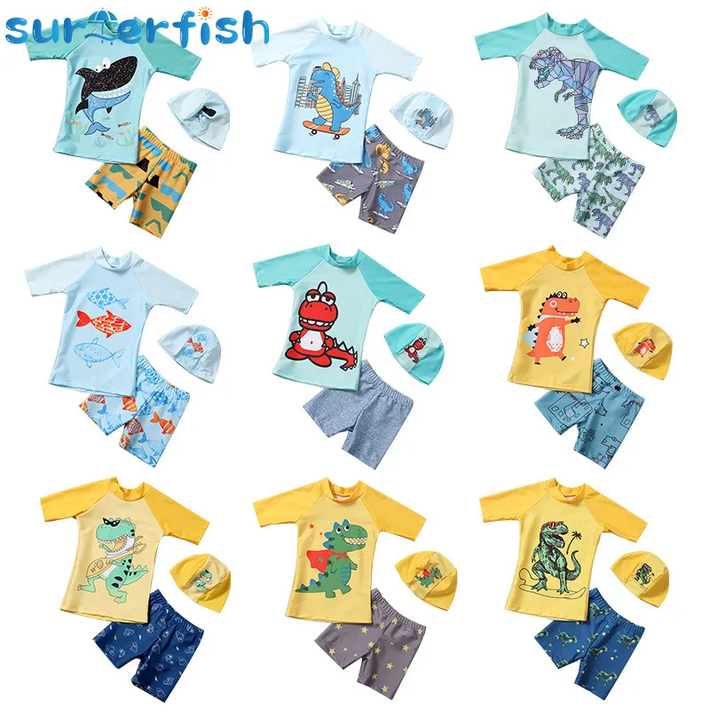 New Boys Swimsuit Cartoon Print Children\'s Swimwear Boys UPF50 Short Sleeve Toddler Boy Swimming Wear 3 pcs Bathing Suit Child