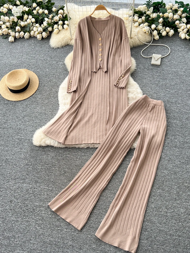 Chaleco de punto V-Ne Svel, pantalones sueltos de cintura alta, conjunto Faion para mujer, temporada de otoño, ropa de trabajo informal y ligera
