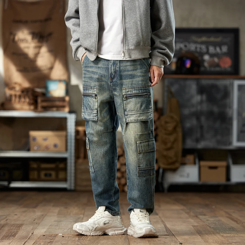 

American retro autumn and winter washed new loose patchwork with multiple pockets Harem jeans men's pants cargo pants men