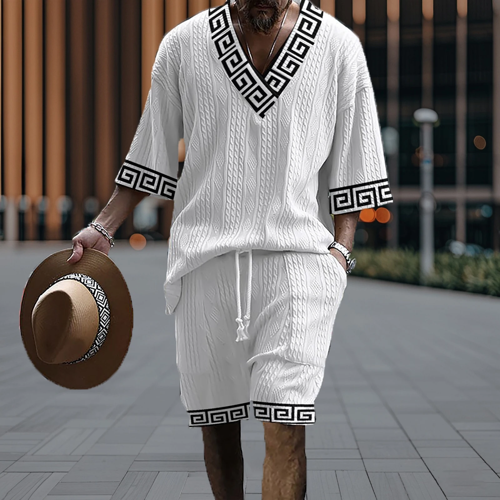 

Men's V-Neck Knit Shirt and Shorts Set, 3D Print, Loose Size, Casual Style, Plus Size, Summer, Two-Piece, New, 2024