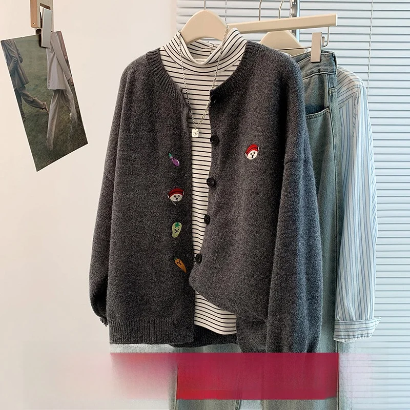 

Sli осень-зима плюс размер повседневный свободный крой однотонный открытый кардиган с вышивкой свитер легкая модная верхняя одежда