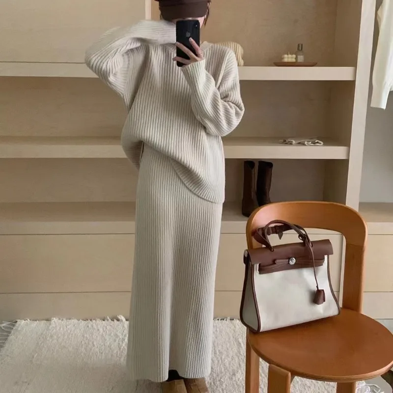 

Fashion High Street Sweater Set Women's Autumn and Winter Loose Lazy Style Fashion Knitted Sweater Top Long Skirt Two-piece Set