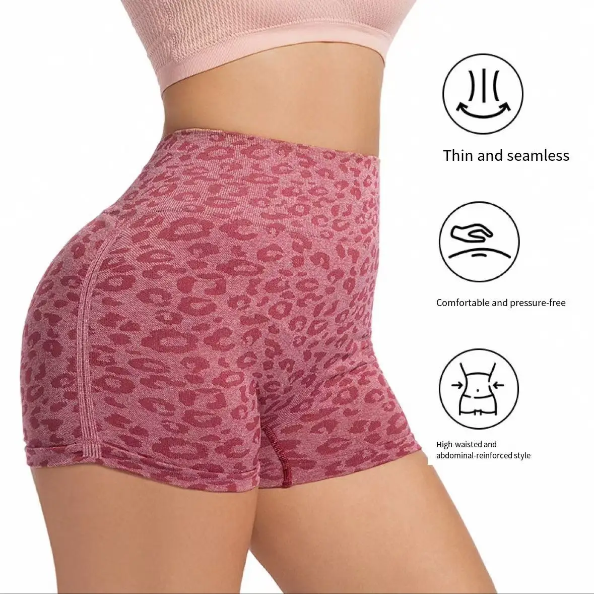 High waisted compression sports shorts, leopard print peach shorts, running fitness yoga shorts