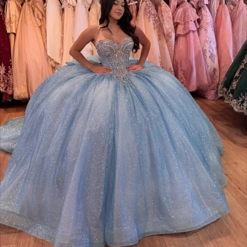 

Блестящее платье Quinceanera цвета морского синего цвета с открытыми плечами и кристаллами, кружевное блестящее платье с бантом и длинным хвостом, платья de 15, Quinceanera ﻿ Настроить