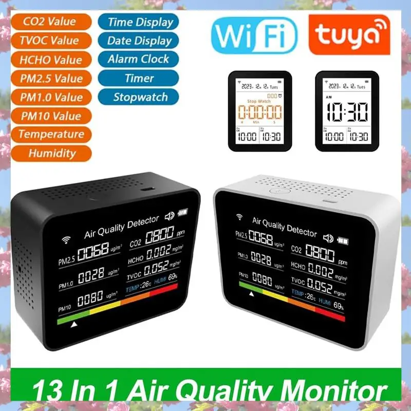 Probador de Calidad del aire WIFI Tuya, ABS negro, CO2/TVOC/HCHO/PM2.5/PM1.0/PM10/temperatura/humedad/fecha/alarma/cronómetro CO2 Met, superventas
