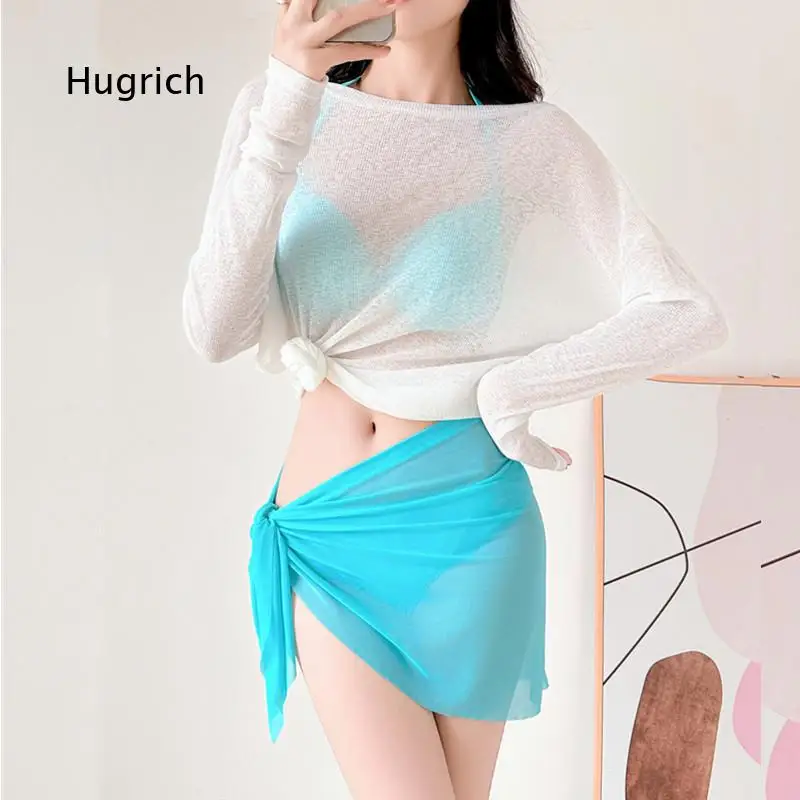 Women 3 Piece Swimsuit Set Loose Long Sleeve Sheer Knit Cover Up Top Tie Side Wrap Sarong Skirt And Matching Triangle Bikini