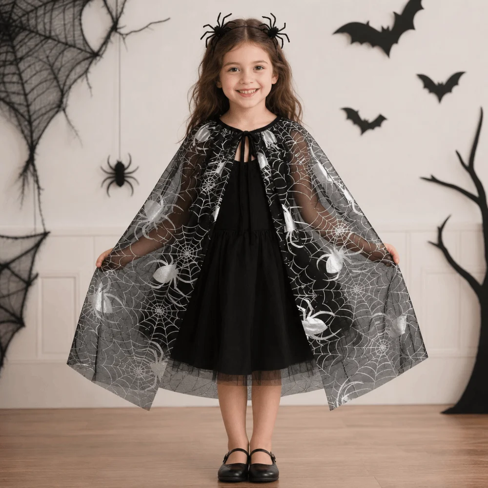 Gothic Spider Web Halloween Tulle Cape Soft Bat Kids Mesh Cloak Long Sheer Cosplay Bridal Costume Photoshoot