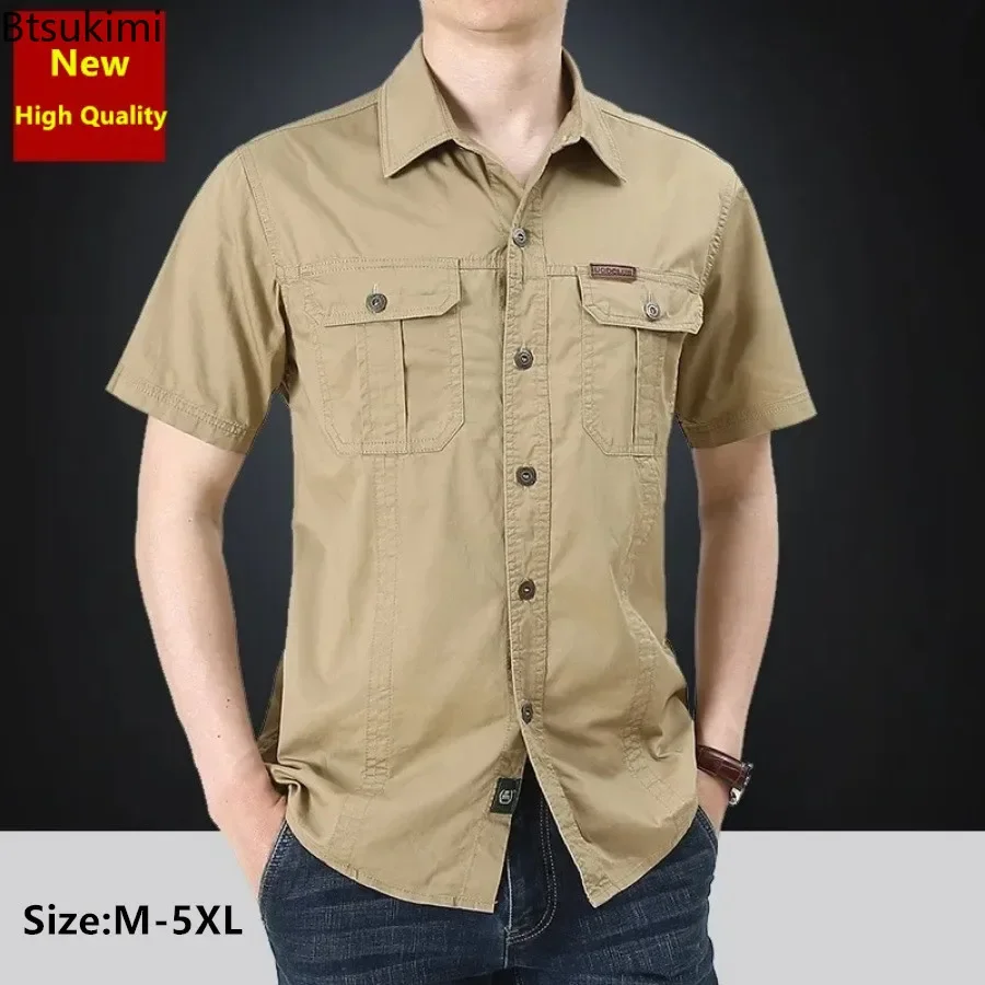 2024 Summer Hot Sale Men\'s Short Sleeve Cotton Shirts Fashion Loose Breathable Tops High Quality Male Work Cargo Shirts Oversize