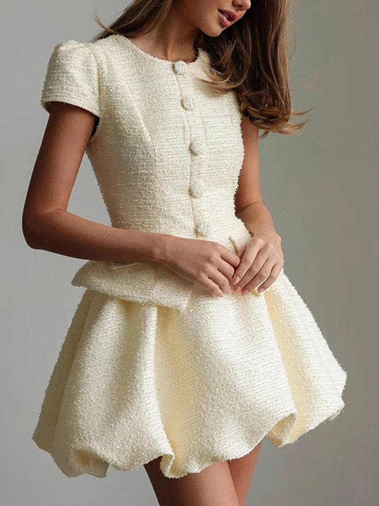 Women Beige Party Two Piece Set Sexy Short Sleeves Single Breasted Top + High Waist Puff Skirts Suits Party Evening Cocktail Set