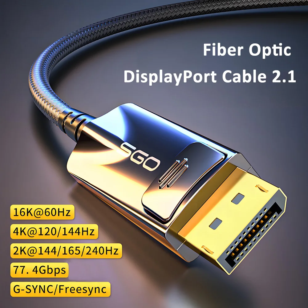 16K Fiber Optic DisplayPort 2.1 Cable DP2.1 Supports 77.4Gbps 16K@60Hz HDR 3D ARC Display Port 2.1 Cord for Gaming Monitor