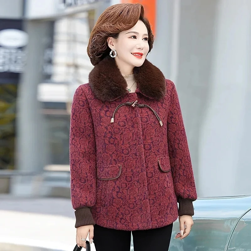 High End Middle Aged Elderly Womens Imitation Mink Velvet Woolen Overcoat Winter Thick Warm Parkas Mother Short Wool Jacket Coat