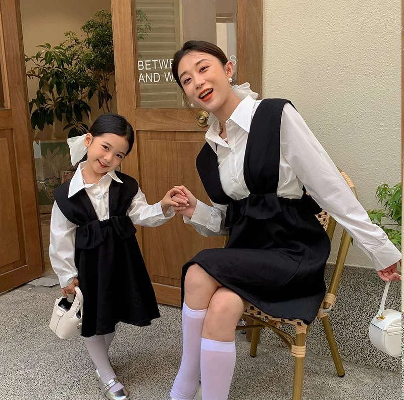 2023 New Mother And Daughter Matching Clothes Baby Girl White black Suspenders Skirts Women Clothing Mom And Me Cute Dresses