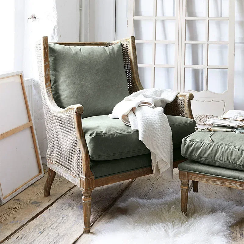 American rural solid wood single rattan art sofa chair, villa living room leisure homestay negotiation chair