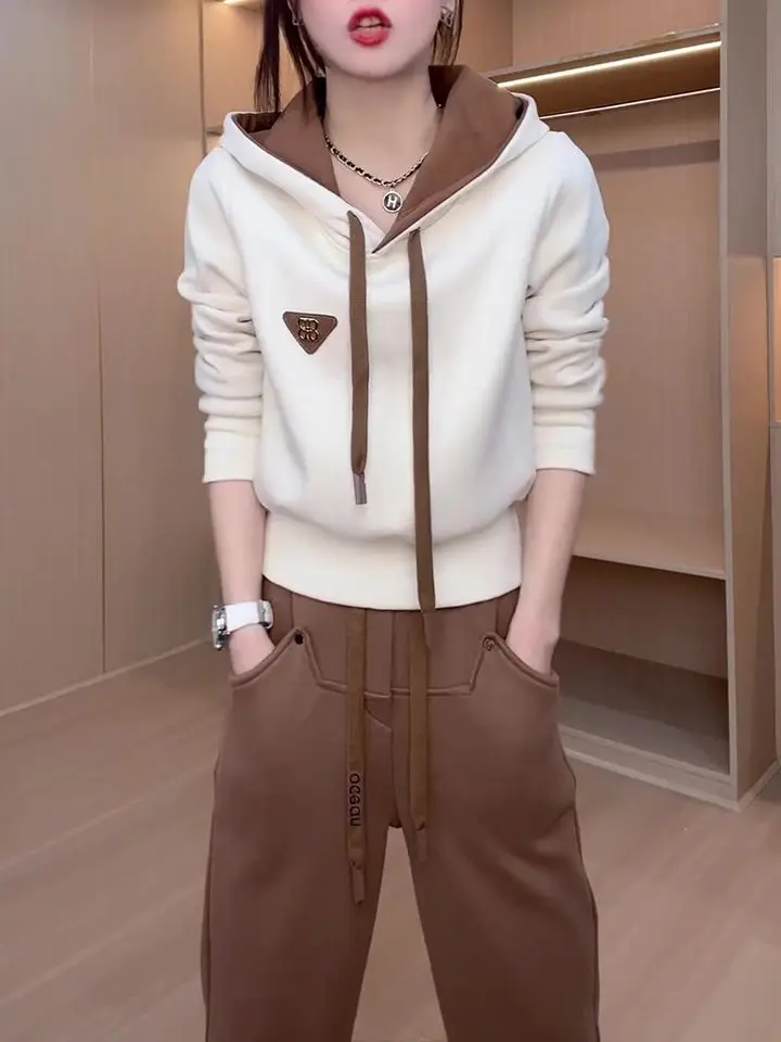 

Утепленный флисовый комплект с капюшоном: женский зимний костюм из двух предметов с длинными рукавами, новинка, в стиле колор-блок, повседневная спортивная одежда