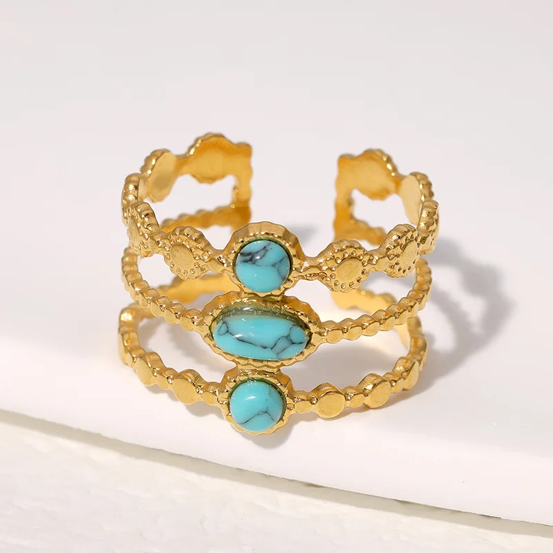 Geometric Rings For Woman Turquoise Vintage Jewelry Palace Style Stainless Steel Open Ring Prom Accessories Gift